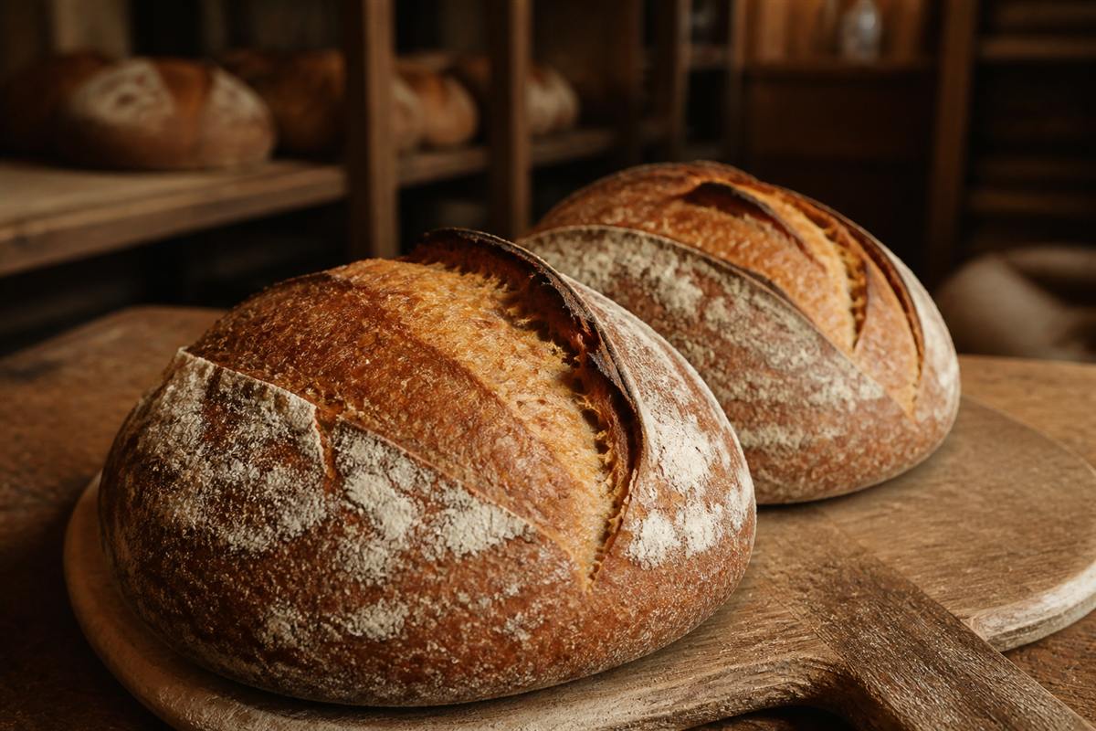 Two flour-dusted sourdough boules on a wooden peel