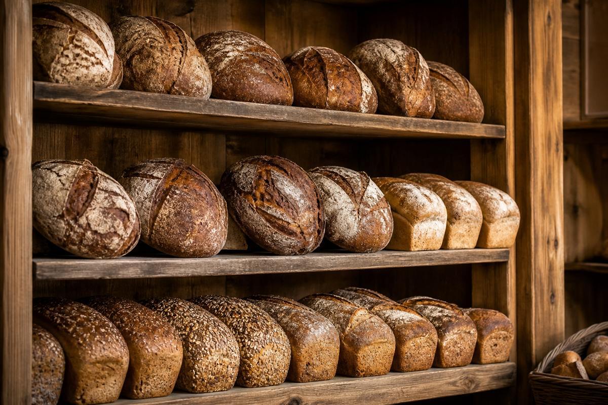 Assorted artisan loaves lined on bakery shelves