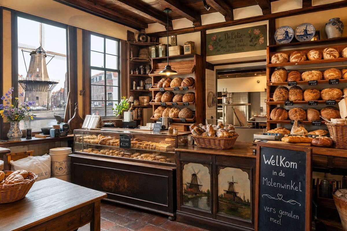 Warm timber bakery interior with shelves of bread