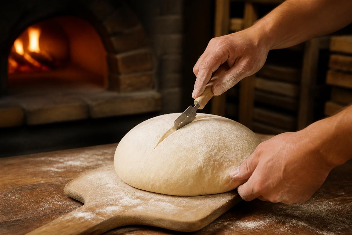 Baker working near a warm bakery oven