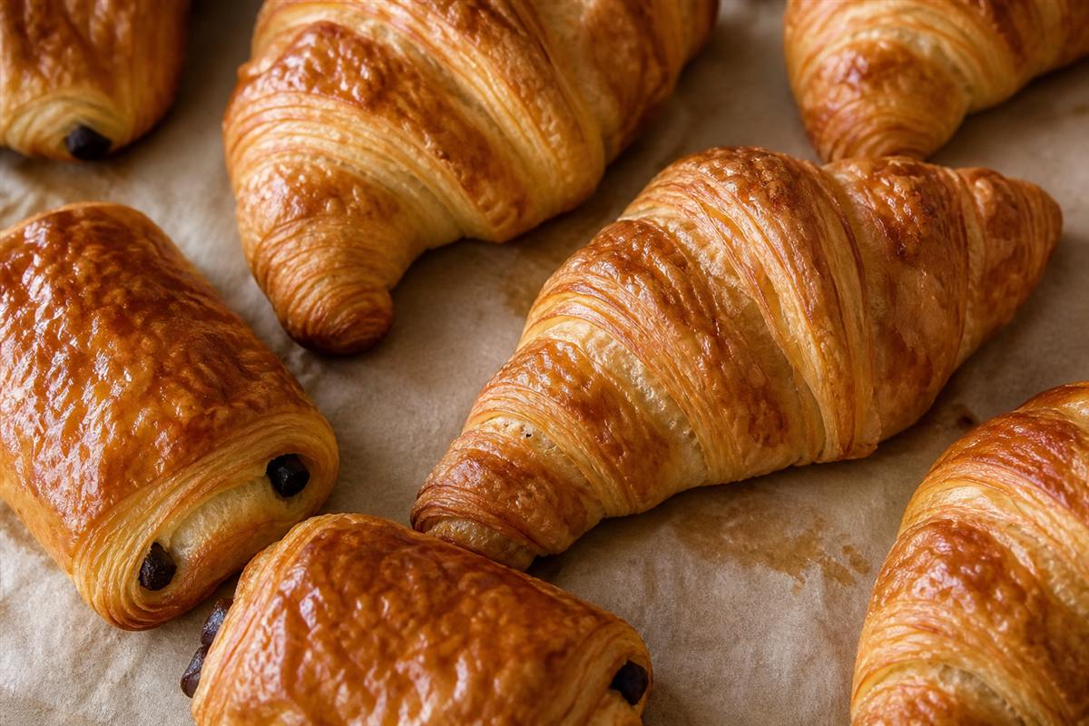 Golden laminated pastries on a bakery counter